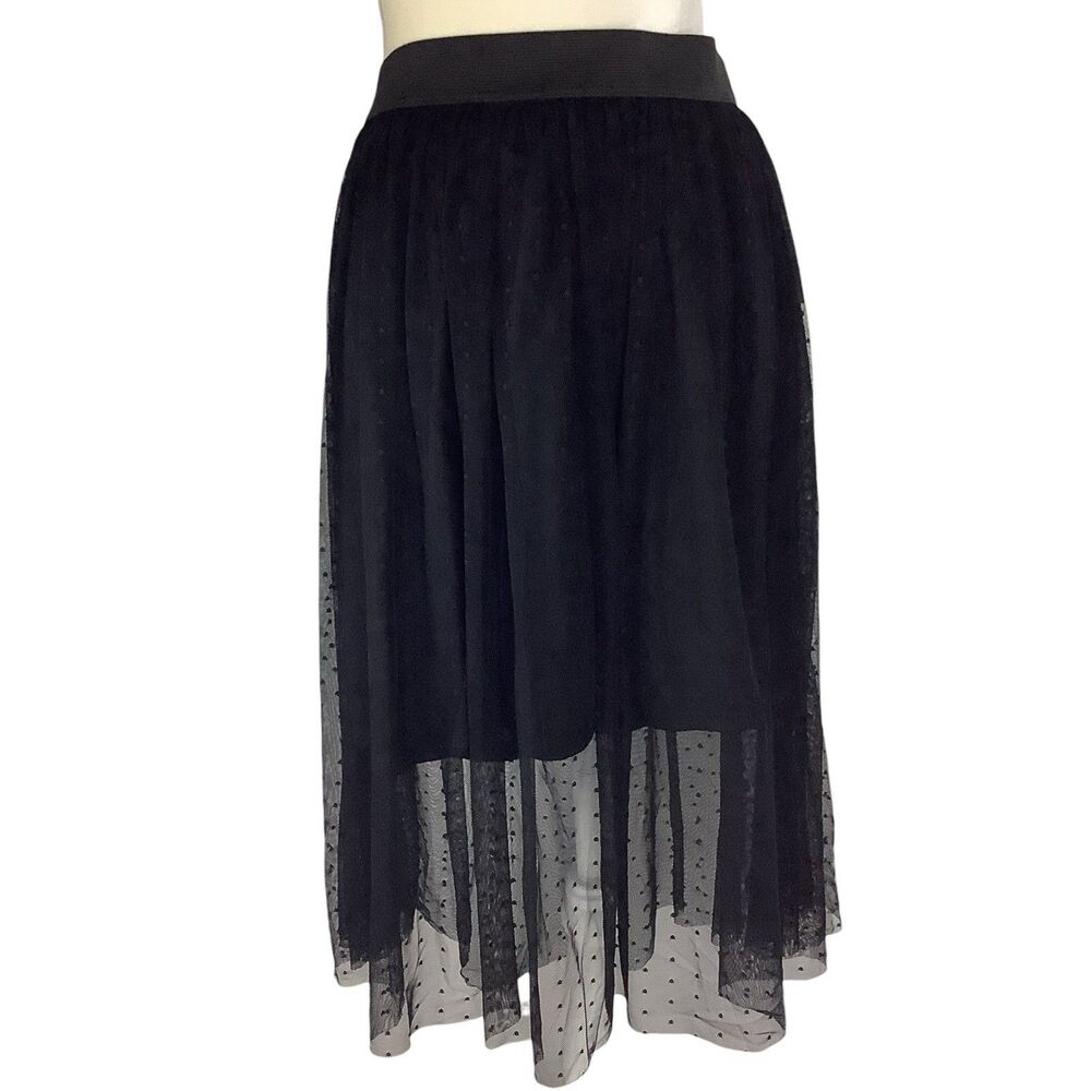 Black Mesh Tulle Pleated Elastic Midi Skirt Women XL Gothic Romantic Whimsigoth